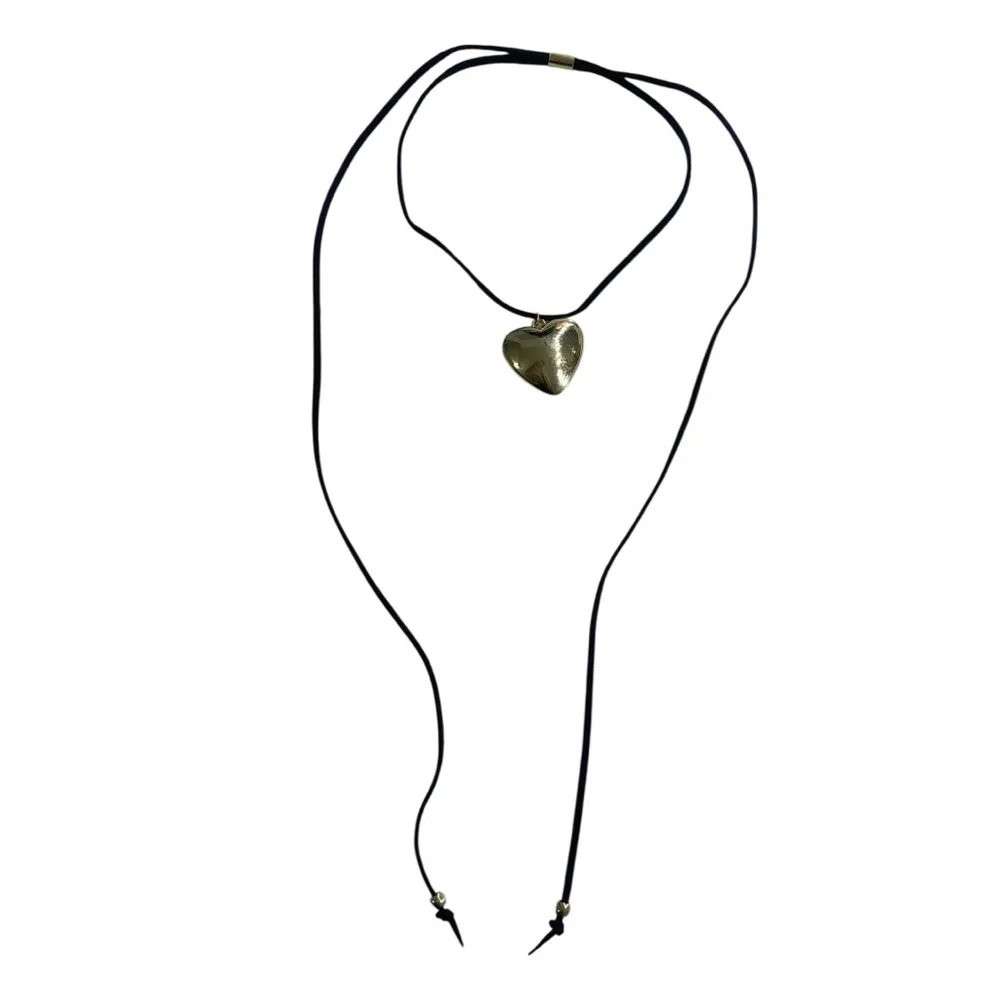 Puffy Gold Heart,Black straps Adjustable Choker Necklace - Picture 3 of 4